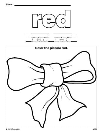 Free bow color red coloring page and color worksheet, red worksheet for preschoolers to learn colors, printable PDF