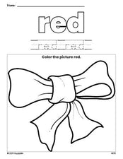 Free bow color red coloring page and color worksheet, red worksheet for preschoolers to learn colors, printable PDF