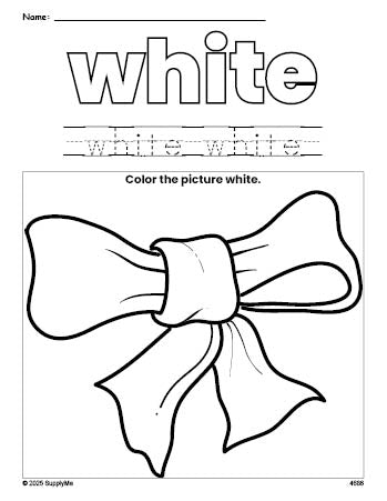 Free bow color white coloring page and color worksheet, white worksheet for preschoolers to learn colors, printable PDF