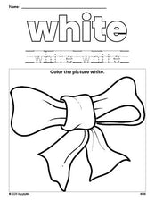 Free bow color white coloring page and color worksheet, white worksheet for preschoolers to learn colors, printable PDF