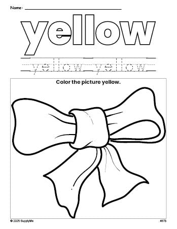 Free bow color yellow coloring page and color worksheet, yellow worksheet for preschoolers to learn colors, printable PDF