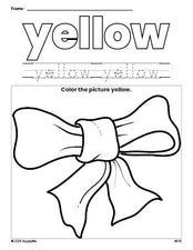 Free bow color yellow coloring page and color worksheet, yellow worksheet for preschoolers to learn colors, printable PDF