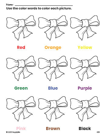 Free bow coloring page and color worksheet for preschoolers to learn colors, printable PDF