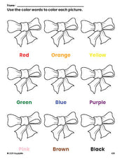 Free bow coloring page and color worksheet for preschoolers to learn colors, printable PDF