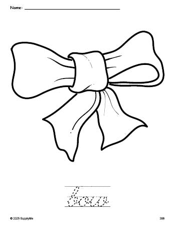 Free printable bow coloring page and cursive word tracing worksheet, perfect for preschool, pre-k, and kindergarten, PDF