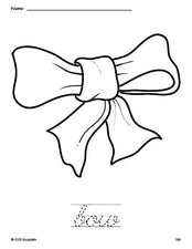 Free printable bow coloring page and cursive word tracing worksheet, perfect for preschool, pre-k, and kindergarten, PDF