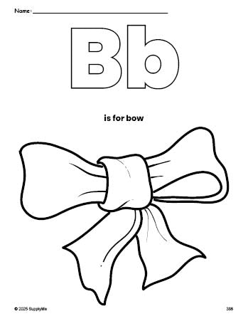 Free printable bow coloring page, letter b coloring page for preschool, pre-k, and kindergarten, PDF