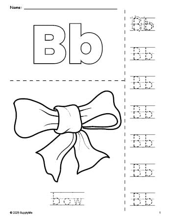 Free printable bow coloring page and letter tracing worksheet, letter b worksheet for preschool, pre-k, and kindergarten, PDF