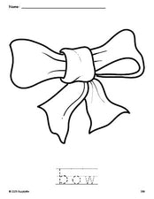 Free printable bow coloring page and word tracing worksheet, perfect for preschool, pre-k, and kindergarten, PDF