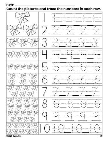 Free printable bow counting worksheet for preschool and pre-k with number tracing practice 1-10, PDF