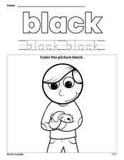 Free boy color black coloring page and color worksheet, black worksheet for preschoolers to learn colors, printable PDF