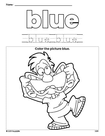 Free boy color blue coloring page and color worksheet, blue worksheet for preschoolers to learn colors, printable PDF