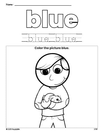 Free boy color blue coloring page and color worksheet, blue worksheet for preschoolers to learn colors, printable PDF