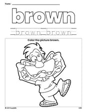 Free boy color brown coloring page and color worksheet, brown worksheet for preschoolers to learn colors, printable PDF