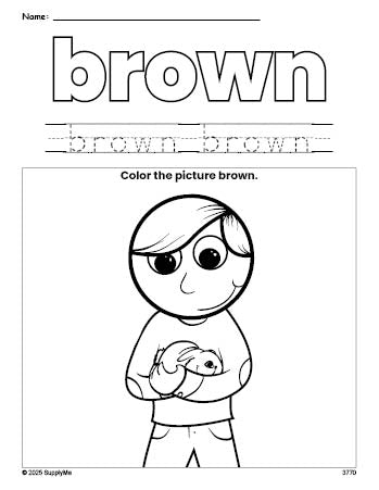 Free boy color brown coloring page and color worksheet, brown worksheet for preschoolers to learn colors, printable PDF