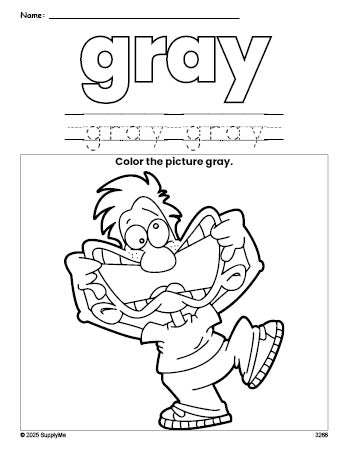 Free boy color gray coloring page and color worksheet, gray worksheet for preschoolers to learn colors, printable PDF