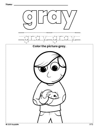 Free boy color gray coloring page and color worksheet, gray worksheet for preschoolers to learn colors, printable PDF