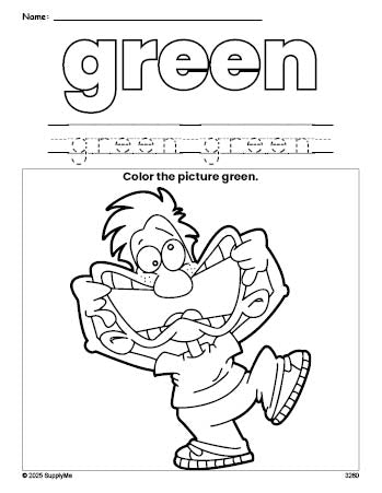 Free boy color green coloring page and color worksheet, green worksheet for preschoolers to learn colors, printable PDF