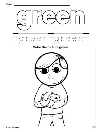 Free boy color green coloring page and color worksheet, green worksheet for preschoolers to learn colors, printable PDF