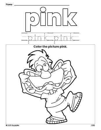 Free boy color pink coloring page and color worksheet, pink worksheet for preschoolers to learn colors, printable PDF