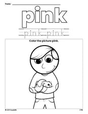 Free boy color pink coloring page and color worksheet, pink worksheet for preschoolers to learn colors, printable PDF