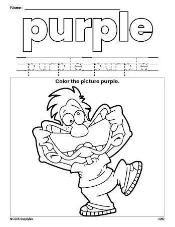 Free boy color purple coloring page and color worksheet, purple worksheet for preschoolers to learn colors, printable PDF