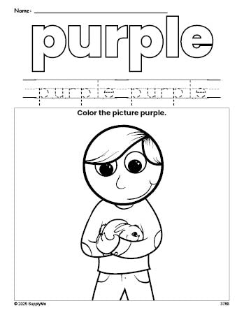 Free boy color purple coloring page and color worksheet, purple worksheet for preschoolers to learn colors, printable PDF