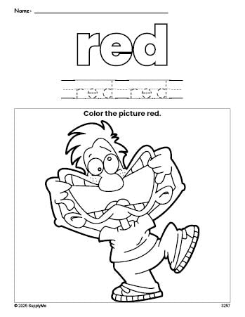 Free boy color red coloring page and color worksheet, red worksheet for preschoolers to learn colors, printable PDF