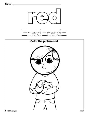 Free boy color red coloring page and color worksheet, red worksheet for preschoolers to learn colors, printable PDF