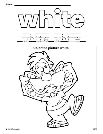 Free boy color white coloring page and color worksheet, white worksheet for preschoolers to learn colors, printable PDF