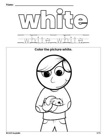 Free boy color white coloring page and color worksheet, white worksheet for preschoolers to learn colors, printable PDF