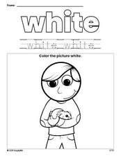 Free boy color white coloring page and color worksheet, white worksheet for preschoolers to learn colors, printable PDF