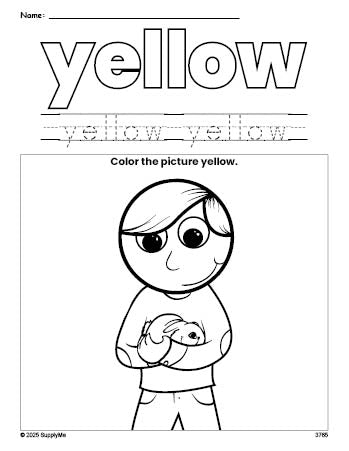 Free boy color yellow coloring page and color worksheet, yellow worksheet for preschoolers to learn colors, printable PDF