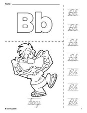 Free printable boy coloring page and cursive letter tracing worksheet, letter b worksheet for preschool, pre-k, and kindergarten, PDF