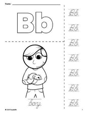 Free printable boy coloring page and cursive letter tracing worksheet, letter b worksheet for preschool, pre-k, and kindergarten, PDF