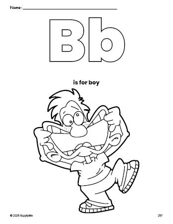 Free printable boy coloring page, letter b coloring page for preschool, pre-k, and kindergarten, PDF