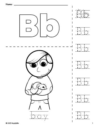 Free printable boy coloring page and letter tracing worksheet, letter b worksheet for preschool, pre-k, and kindergarten, PDF