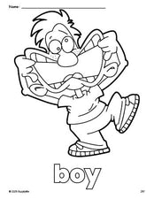 Free printable boy coloring page for preschool, pre-k, and kindergarten, PDF