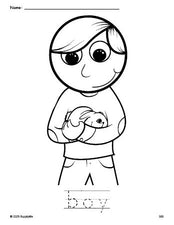 Free printable boy coloring page and word tracing worksheet, perfect for preschool, pre-k, and kindergarten, PDF