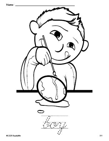 Free printable boy Easter coloring page and cursive word tracing worksheet, perfect for preschool, pre-k, and kindergarten, PDF