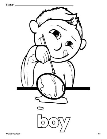 Free printable boy Easter coloring page for preschool, pre-k, and kindergarten, PDF