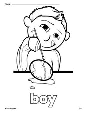 Free printable boy Easter coloring page for preschool, pre-k, and kindergarten, PDF