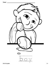 Free printable boy Easter coloring page and word tracing worksheet, perfect for preschool, pre-k, and kindergarten, PDF