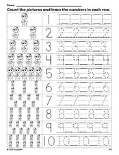 Free printable boy counting worksheet for preschool and pre-k with number tracing practice 1-10, PDF