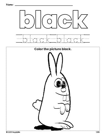 Free bunny color black coloring page and color worksheet, black worksheet for preschoolers to learn colors, printable PDF