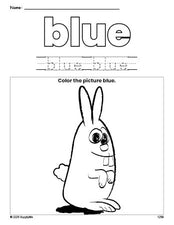 Free bunny color blue coloring page and color worksheet, blue worksheet for preschoolers to learn colors, printable PDF