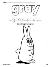 Free bunny color gray coloring page and color worksheet, gray worksheet for preschoolers to learn colors, printable PDF