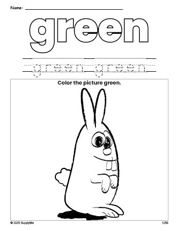 Free bunny color green coloring page and color worksheet, green worksheet for preschoolers to learn colors, printable PDF