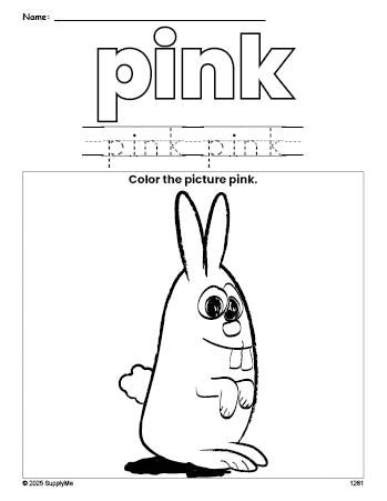 Free bunny color pink coloring page and color worksheet, pink worksheet for preschoolers to learn colors, printable PDF