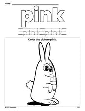 Free bunny color pink coloring page and color worksheet, pink worksheet for preschoolers to learn colors, printable PDF